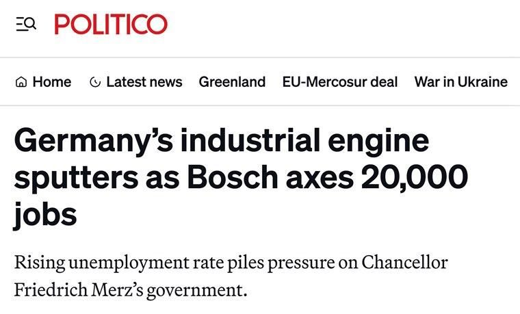 Михаил Онуфриенко: Германский промышленный гигант Bosch подтвердил планы по сокращению 20 000 рабочих мест после того, как в прошлом году его прибыль рухнула вдвое, — констатирует американская Politico