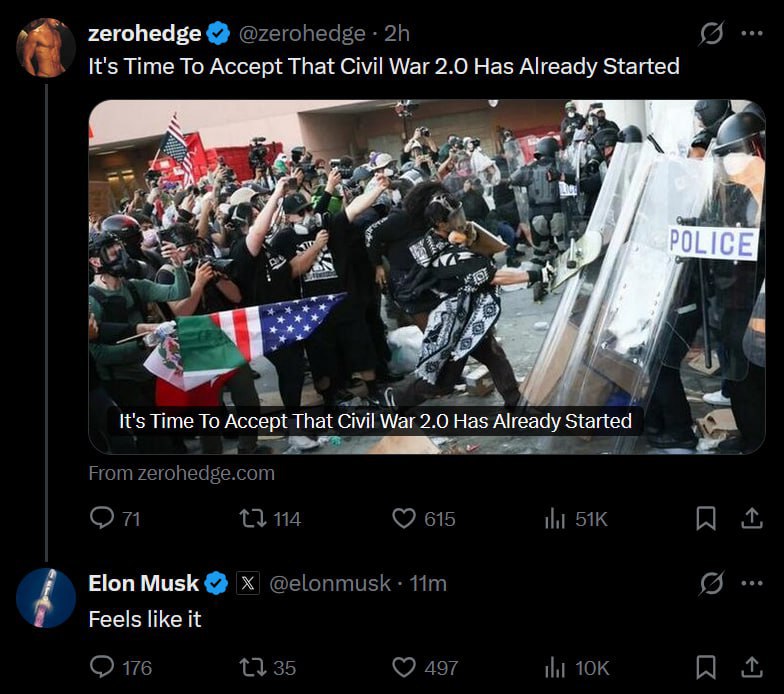 Илон Маск считает, что вторая гражданская война в Соединенных Штатах уже началась