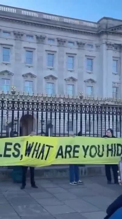 "Карл, что ты скрываешь?" — банер с таким вопросом растянули студенты у забора Букингемского дворца