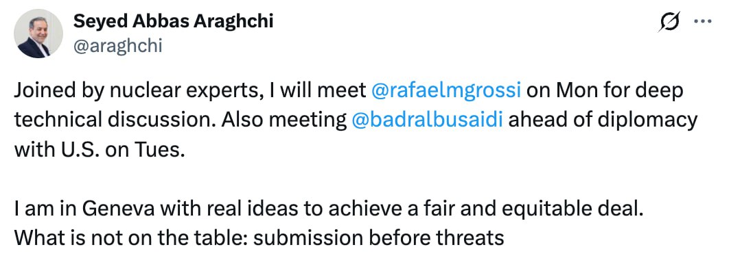 Глава МИД Ирана Аракчи заявил, что перед переговорами с США, которые должны состояться завтра, проведёт консультации с главой МАГАТЭ