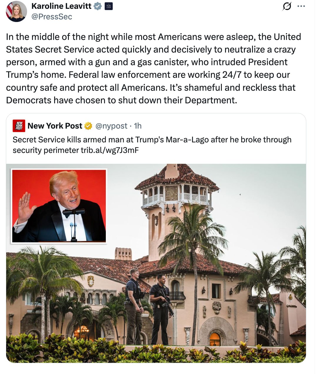 Пресс-секретарь Трампа Каролин Левитт сообщила, что спецслужбы, охранявшие Трампа, действовали быстро и решительно, когда нейтрализовывали нападавшего «сумасшедшего»