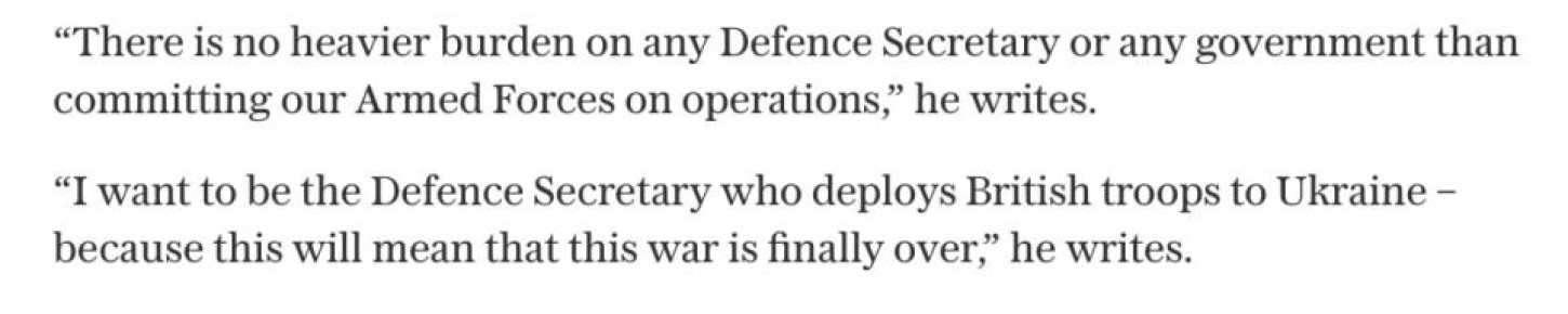 «Я хочу стать тем министром обороны, который отправит британские войска на Украину» — глава Минобороны Британии поведал о своих влажных мечтах в интервью Telegraph