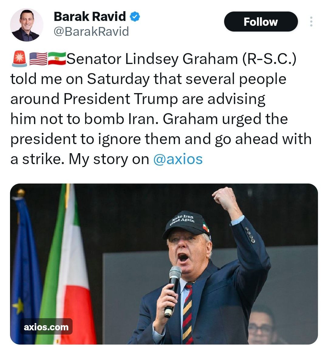 Олег Царёв: Сенатор-террорист Грэм рассказал журналисту Axios Бараку Равиду о своих усилиях сподвигнуть Трампа начать военную операцию в Иране