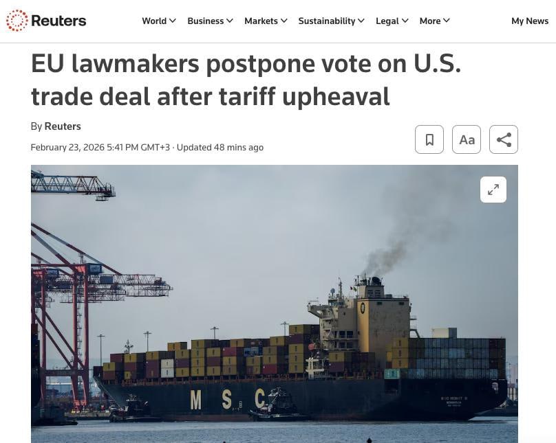 Reuters: Европейский парламент отложил голосование по торговому соглашению между Европейским союзом и США