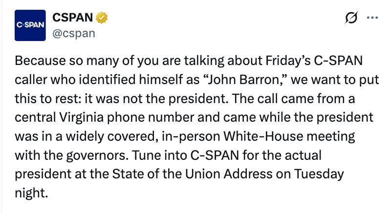 Телеканал C-SPAN в Х опроверг предположение о том, что таинственный звонивший "Джон Баррон" мог быть президентом США: