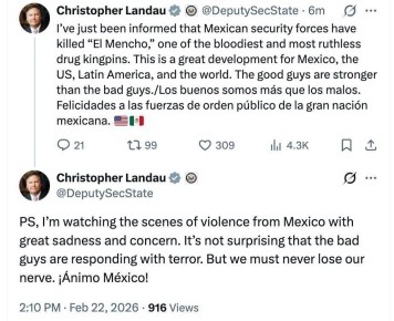 Заместитель госсекретаря США Кристофер Ландау в Х назвал смерть главы «Картеля нового поколения» Эль Менчо «отличным событием для Мексики, США, Латинской Америки и мира»