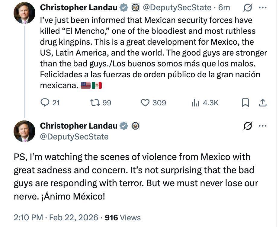 Заместитель госсекретаря США Кристофер Ландау в Х назвал смерть главы «Картеля нового поколения» Эль Менчо «отличным событием для Мексики, США, Латинской Америки и мира»