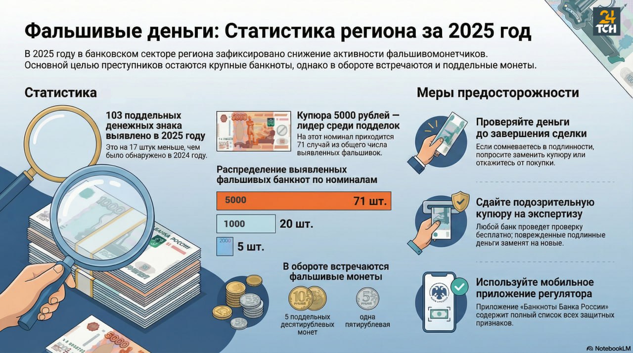 В Тульской области в 2025 году выявили 97 поддельных купюр