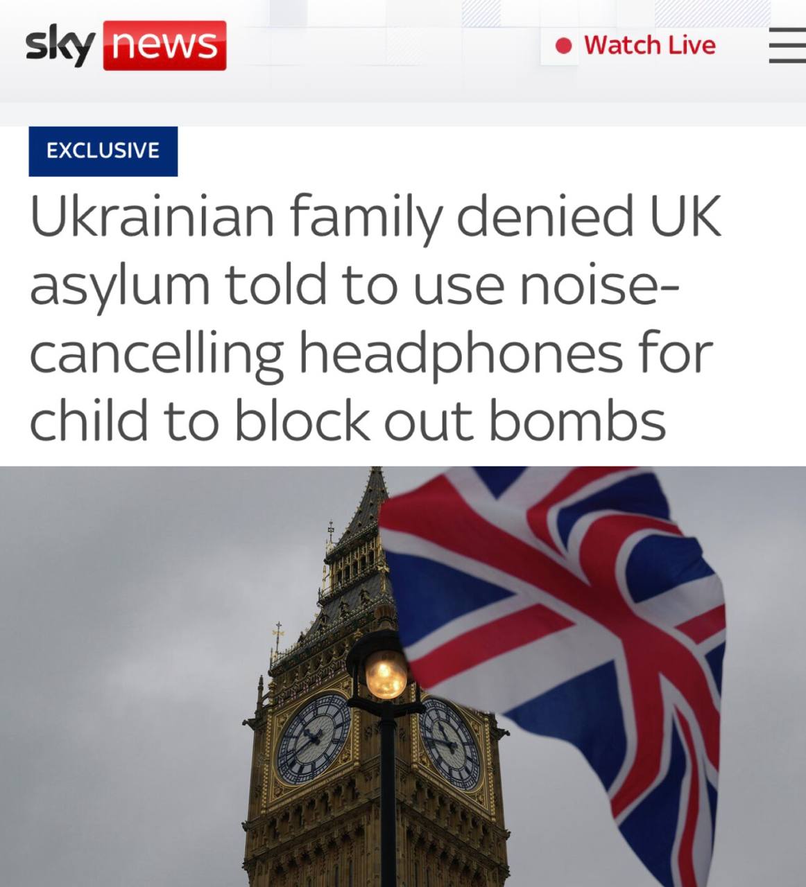 «Украинской семье, которой отказали в убежище в Великобритании, посоветовали надеть на ребенка наушники с шумоподавлением, чтобы заглушить звуки бомб»: Британия отказала украинцам в убежище, посоветовав шумоподавляющие...