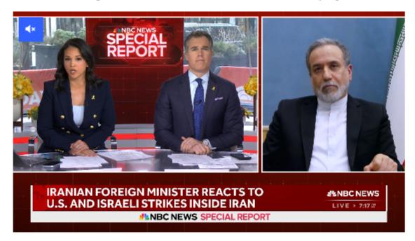 Иран способен «проучить» агрессора в лице США, страна полностью подготовлена и извлекла уроки из предыдущего конфликта, заявил Аббас Аракчи в интервью NBC