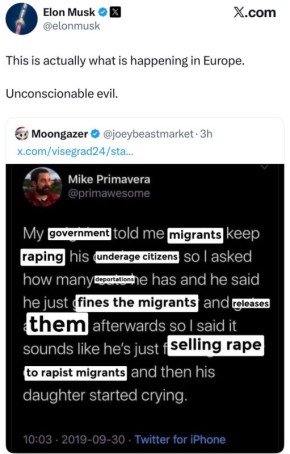 [Мое правительство сообщило мне, что мигранты продолжают насиловать несовершеннолетних граждан, поэтому я спросил, сколько всего депортаций, и они сказали, что просто арестовывают мигрантов и отпускают их. Позже я сказал...