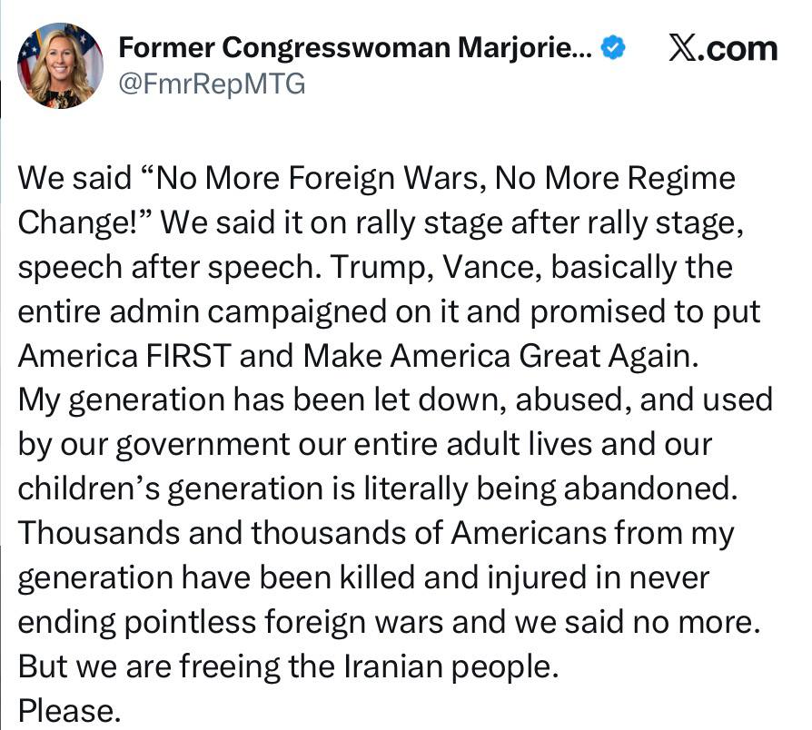 Экс-конгрессвумен США Марджори Тейлор-Грин - раскритиковала Трампа за атаку Ирана: