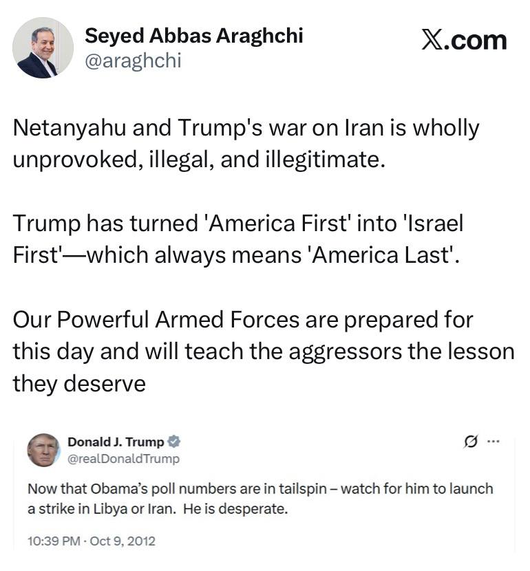 Глава МИД Ирана Аракчи - впомнил твит Трампа из 2012 о том, что Обама ударит по Ирану от безысходности: