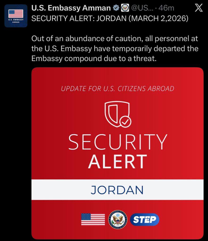 Посольство США в Иордании эвакуировало сотрудников из-за угрозы безопасности, сообщил официальный аккаунт диппредставительства в Х
