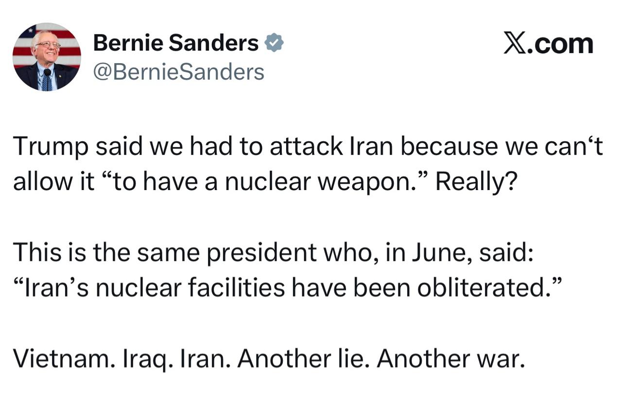 Сенатор США Сандерс. Трамп заявил, что мы должны атаковать Иран, потому что не можем позволить ему «обладать ядерным оружием»