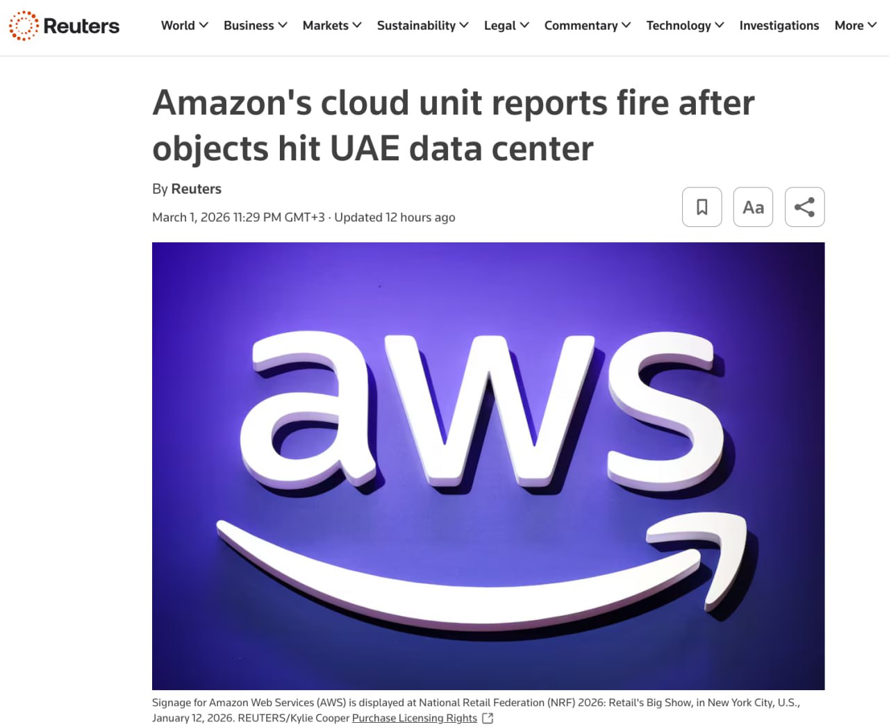 Reuters: Дата-центр Amazon в ОАЭ были атакованы иранской ракетой