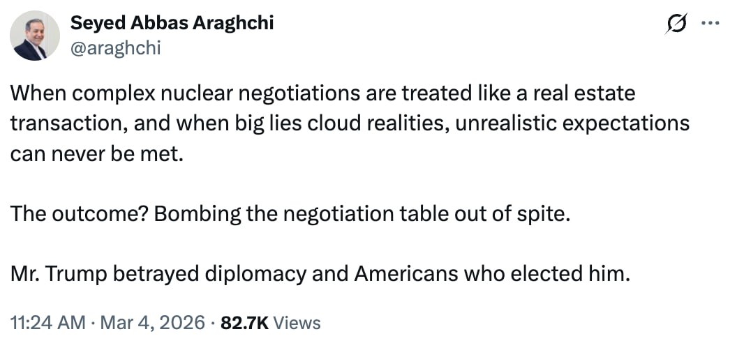 «Господин Трамп предал дипломатию и американцев, которые его избрали», — глава МИД Ирана обвинил Трампа в том, что тот ведёт себя как делец, а не как государственный деятель