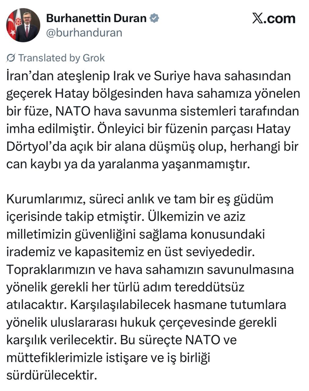 Глава управления по коммуникациям администрации президента Турции Дуран – о готовности нанести ответный удар по Ирану: