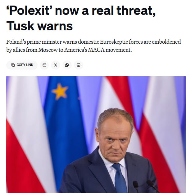 Politico: премьер-министр Польши Дональд Туск в воскресенье предупредил, что возможный выход Польши из Европейского союза теперь является «реальной угрозой»