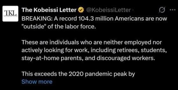 Михаил Онуфриенко: 104,3 миллиона — рекордное число американцев, не входящих в состав рабочей силы, включая безработных, пенсионеров, студентов, родителей, которые не работают и занимаются домашним хозяйством, —...